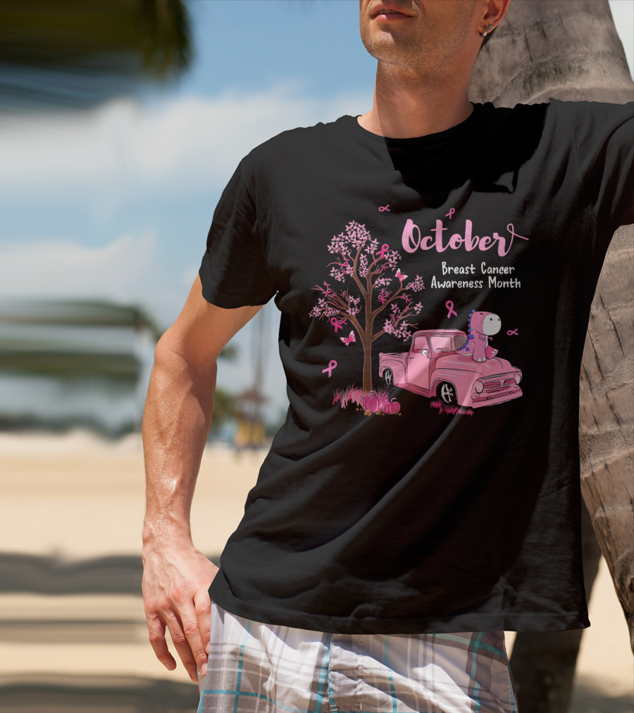 October Pink Ribbon Pumpkin Truck Dinosaur Breast Cancer Awareness Month T-Shirt