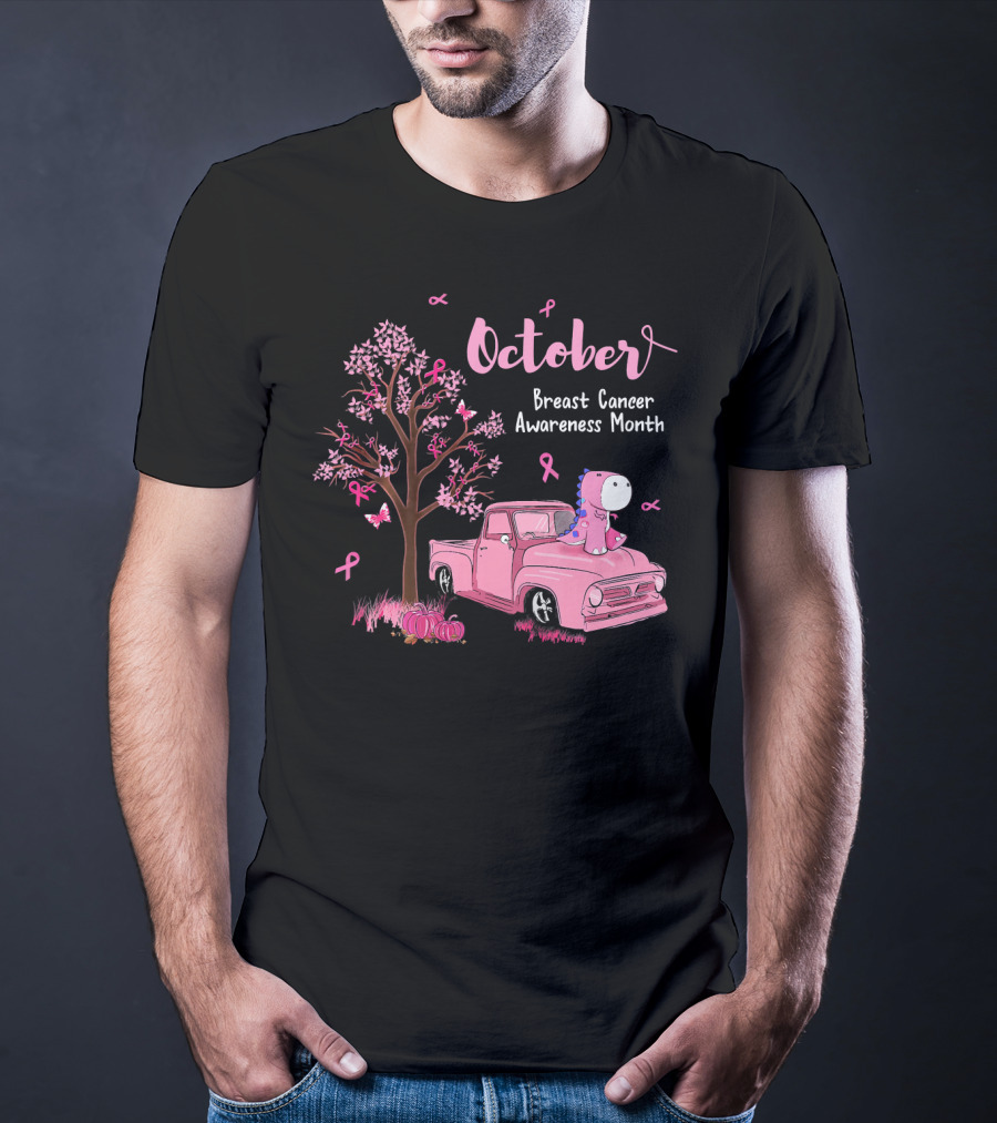 October Pink Ribbon Pumpkin Truck Dinosaur Breast Cancer Awareness Month T-Shirt