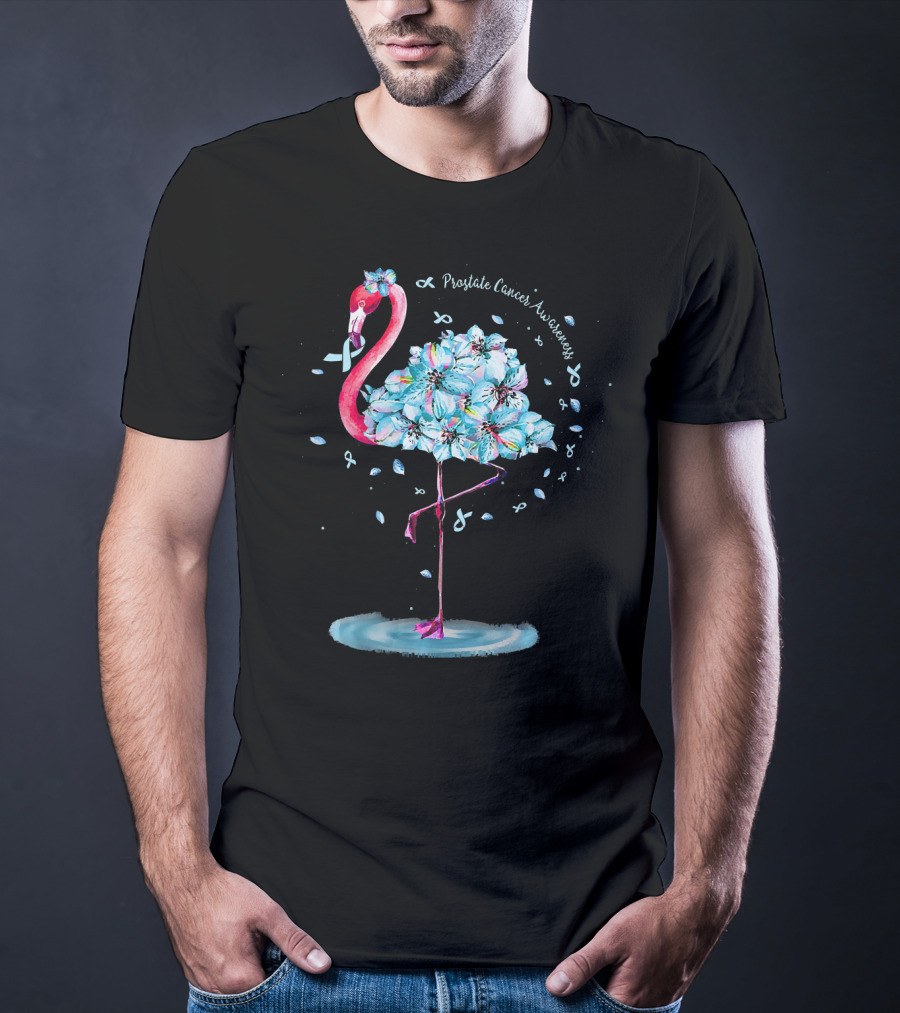 Prostate Cancer Awareness Light Blue Ribbon Flamingo Floral T-Shirt