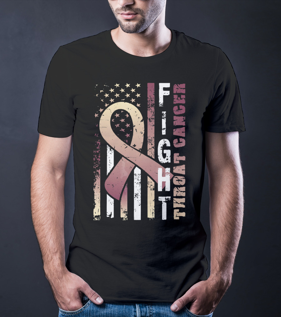 Fight Throat Cancer Awareness Ribbon American Flag T-Shirt