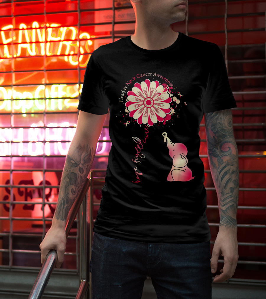 Head And Neck Cancer Awareness White And Burgundy Ribbon Hope Fight Cure Elephant Flower T-Shirt