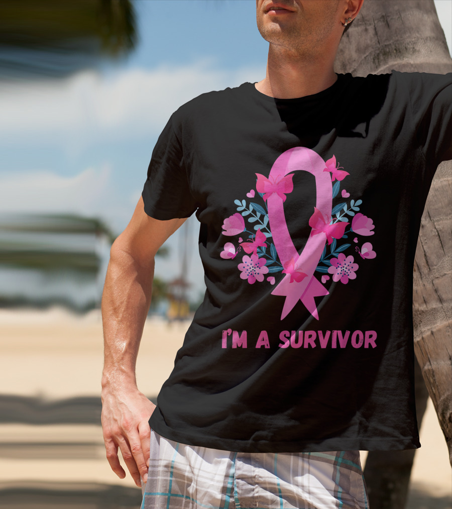 I'm A Survivor Pink Ribbon Butterfly Floral Breast Cancer T-Shirt