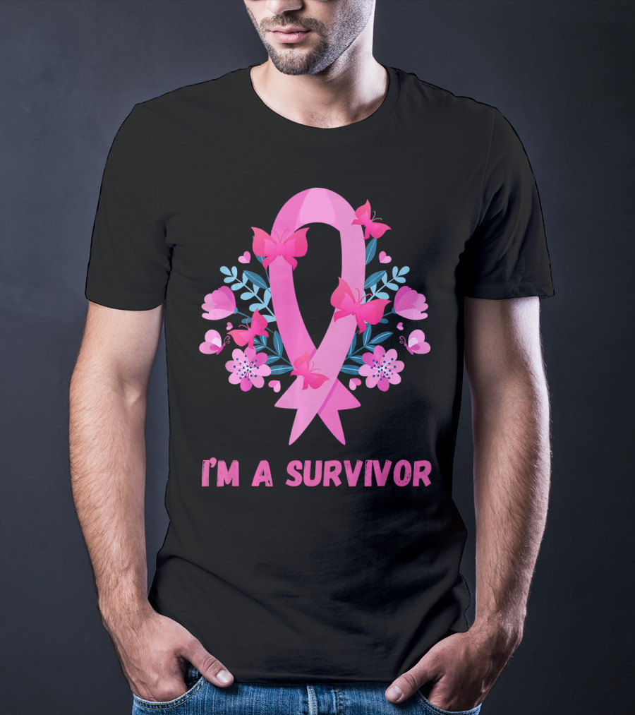 I'm A Survivor Pink Ribbon Butterfly Floral Breast Cancer T-Shirt