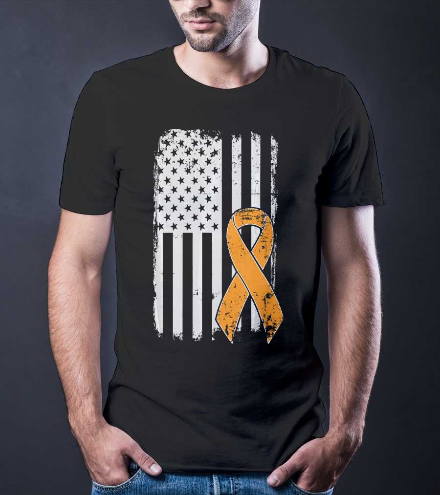 Leukemia Cancer Awareness Vintage US Flag Orange T-Shirt