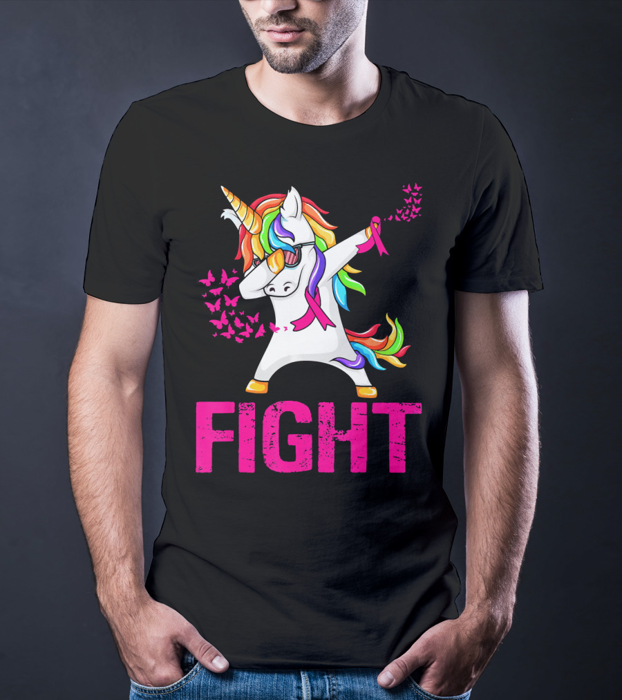 Fight Breast Cancer Awareness Unicorn Dabbing With Rainbow Mane And Butterflies T-Shirt