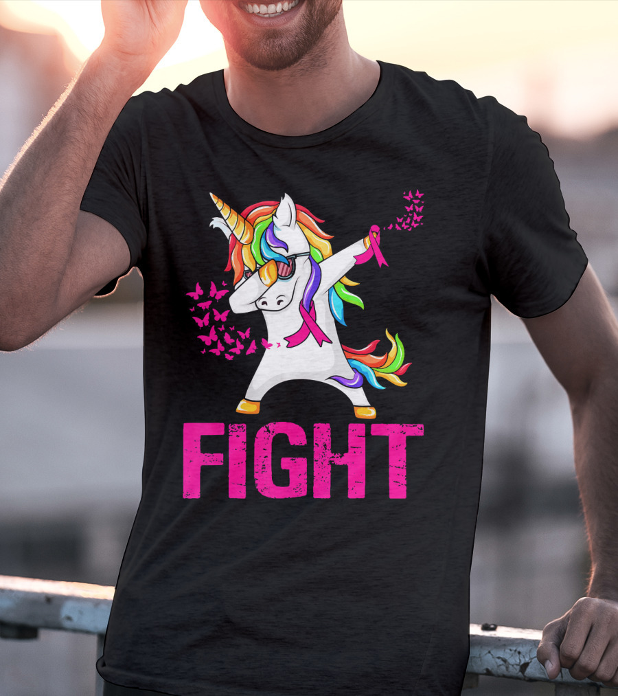 Fight Breast Cancer Awareness Unicorn Dabbing With Rainbow Mane And Butterflies T-Shirt