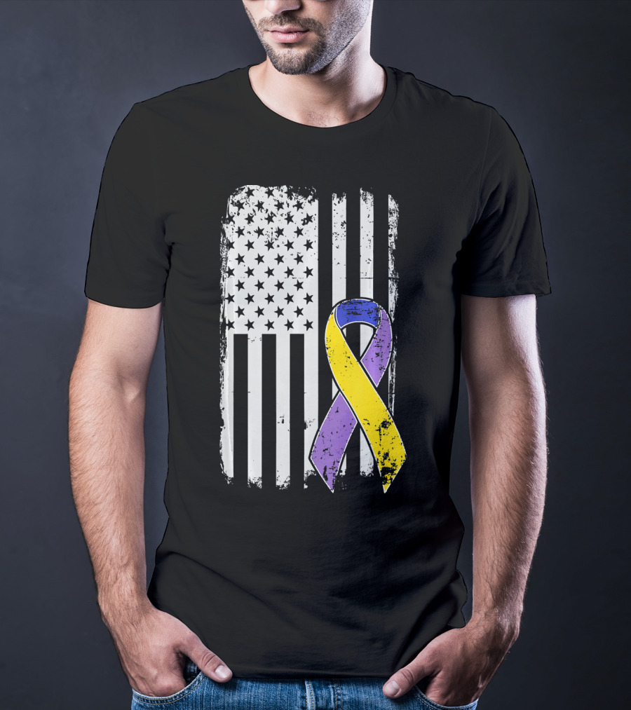 Bladder Cancer Awareness Distressed American Flag Purple Gold T-Shirt