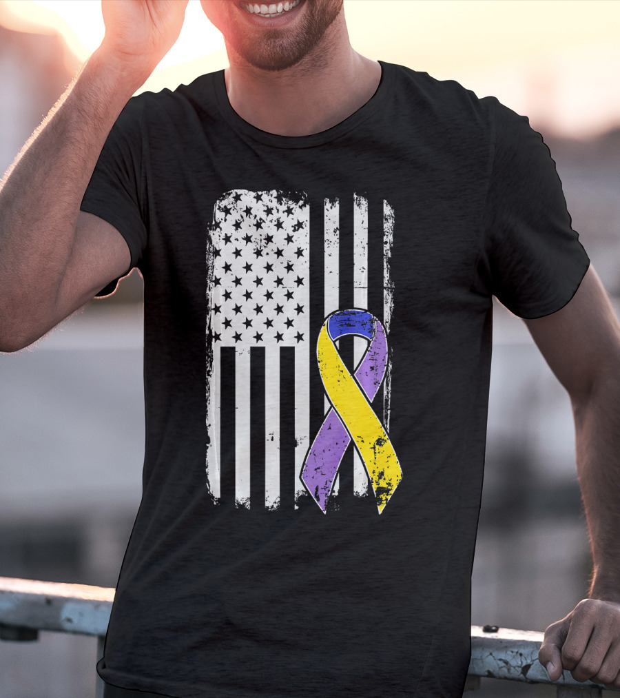 Bladder Cancer Awareness Distressed American Flag Purple Gold T-Shirt