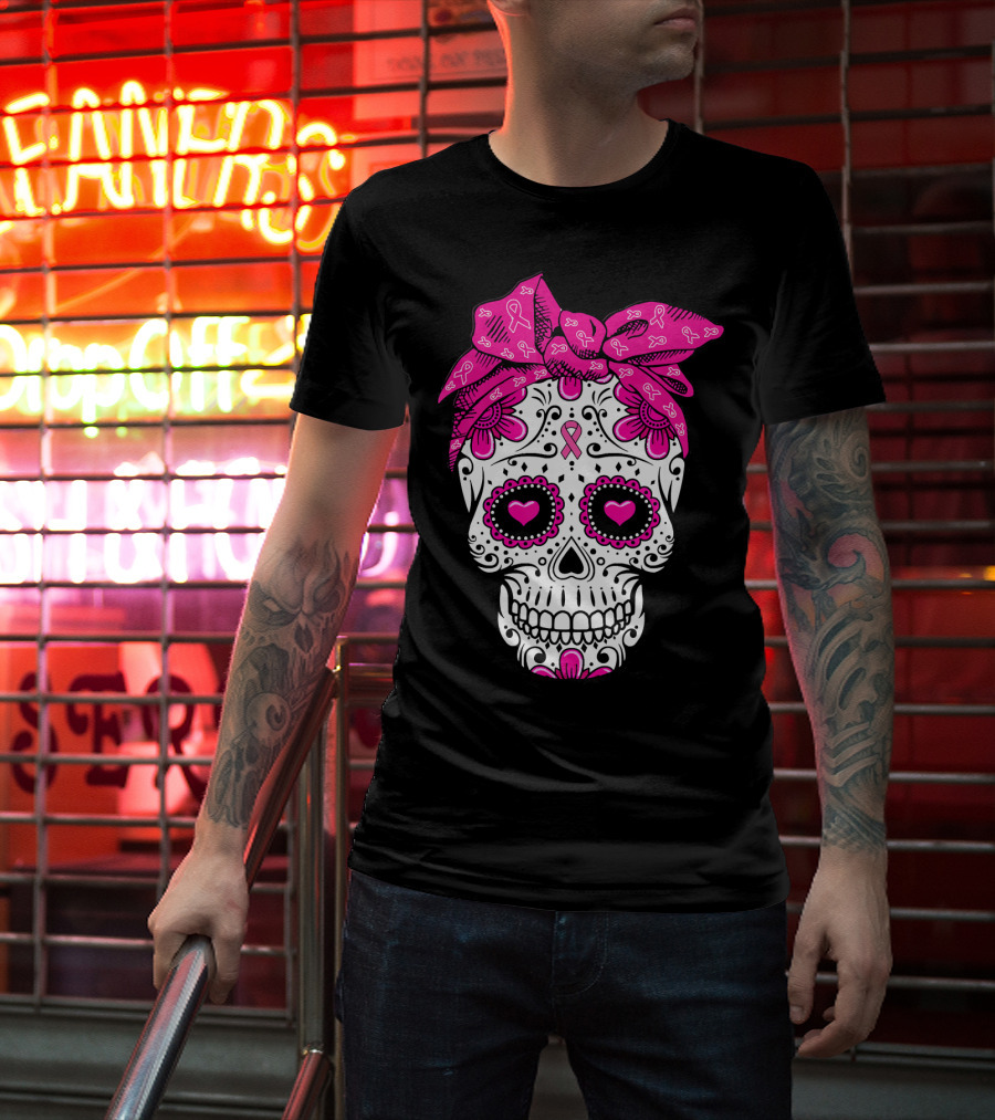 Sugar Skull With Pink Bow And Breast Cancer T-Shirt
