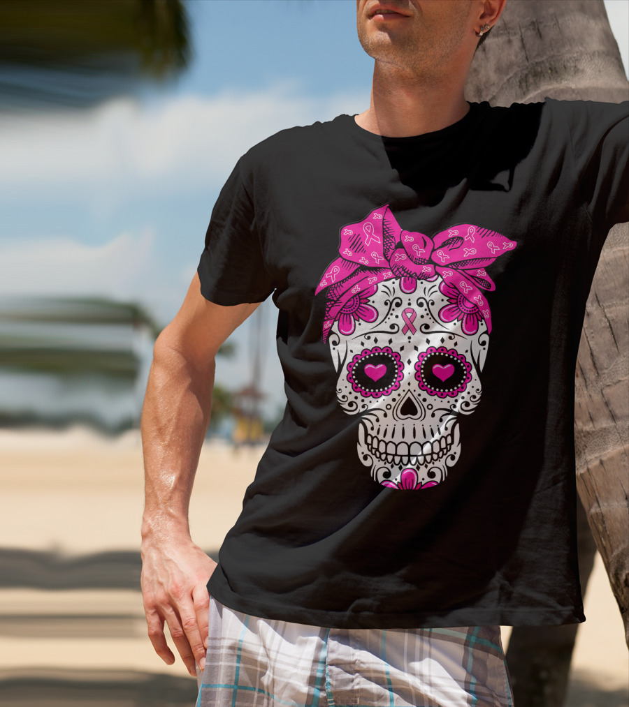 Sugar Skull With Pink Bow And Breast Cancer T-Shirt