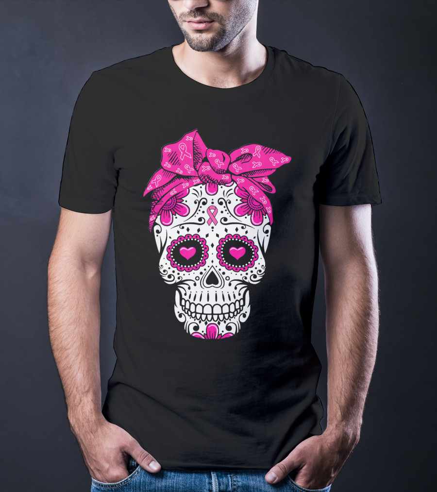 Sugar Skull With Pink Bow And Breast Cancer T-Shirt