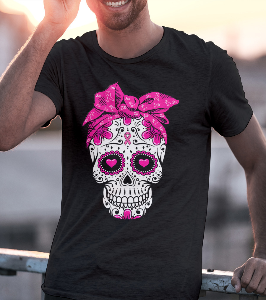 Sugar Skull With Pink Bow And Breast Cancer T-Shirt