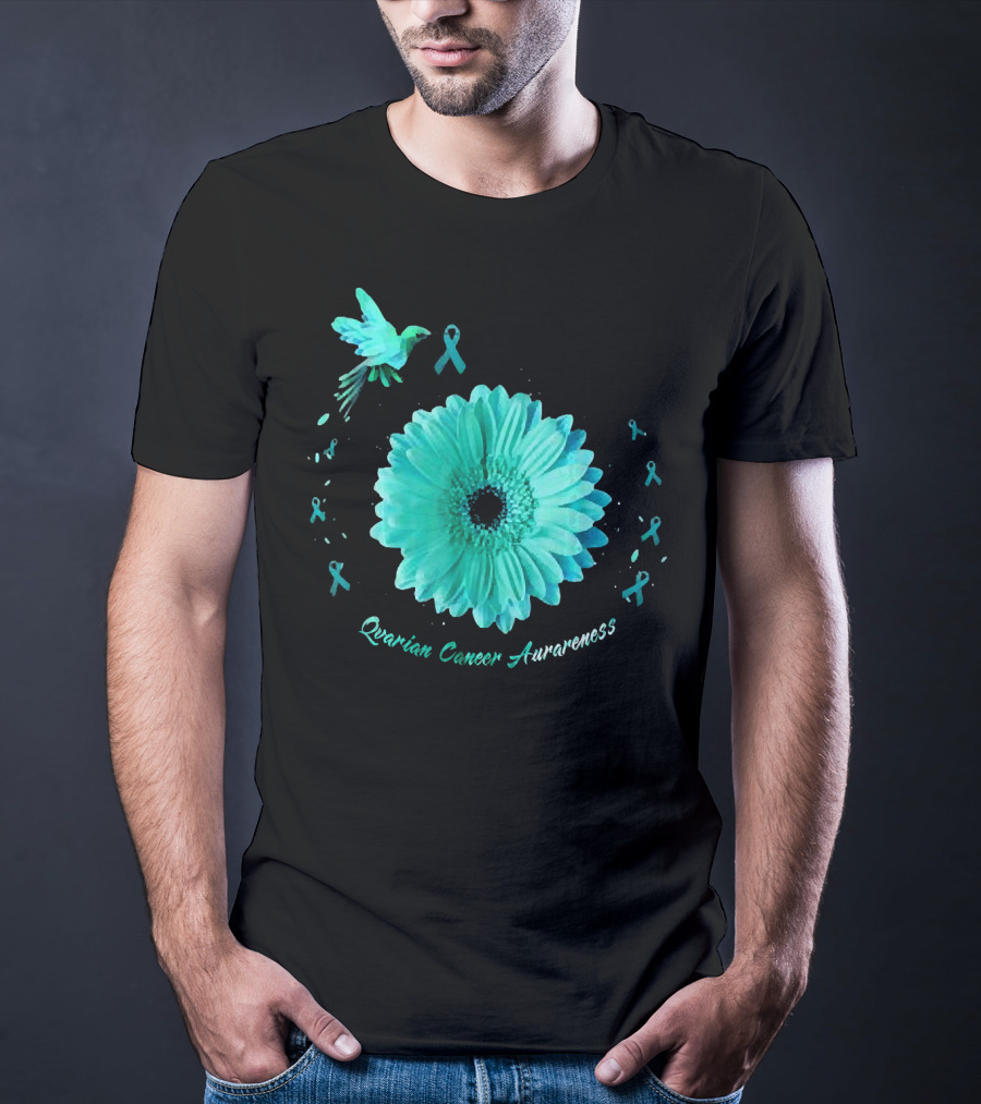 Teal Daisy Bird Ribbon Ovarian Cancer Awareness T-Shirt