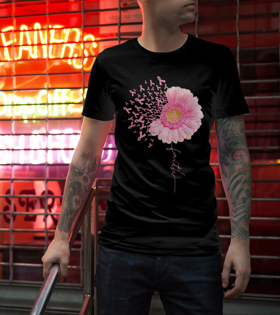 Faith Pink Ribbon Daisy Flower Breast Cancer Awareness T-Shirt