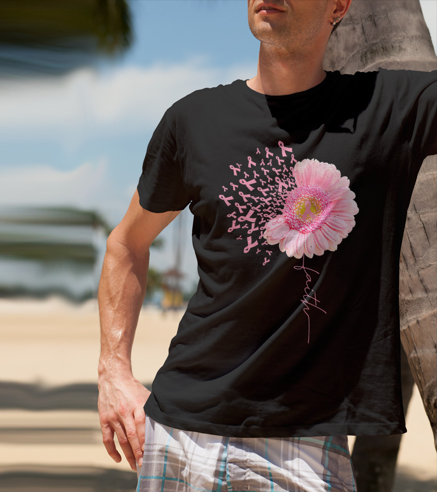 Faith Pink Ribbon Daisy Flower Breast Cancer Awareness T-Shirt