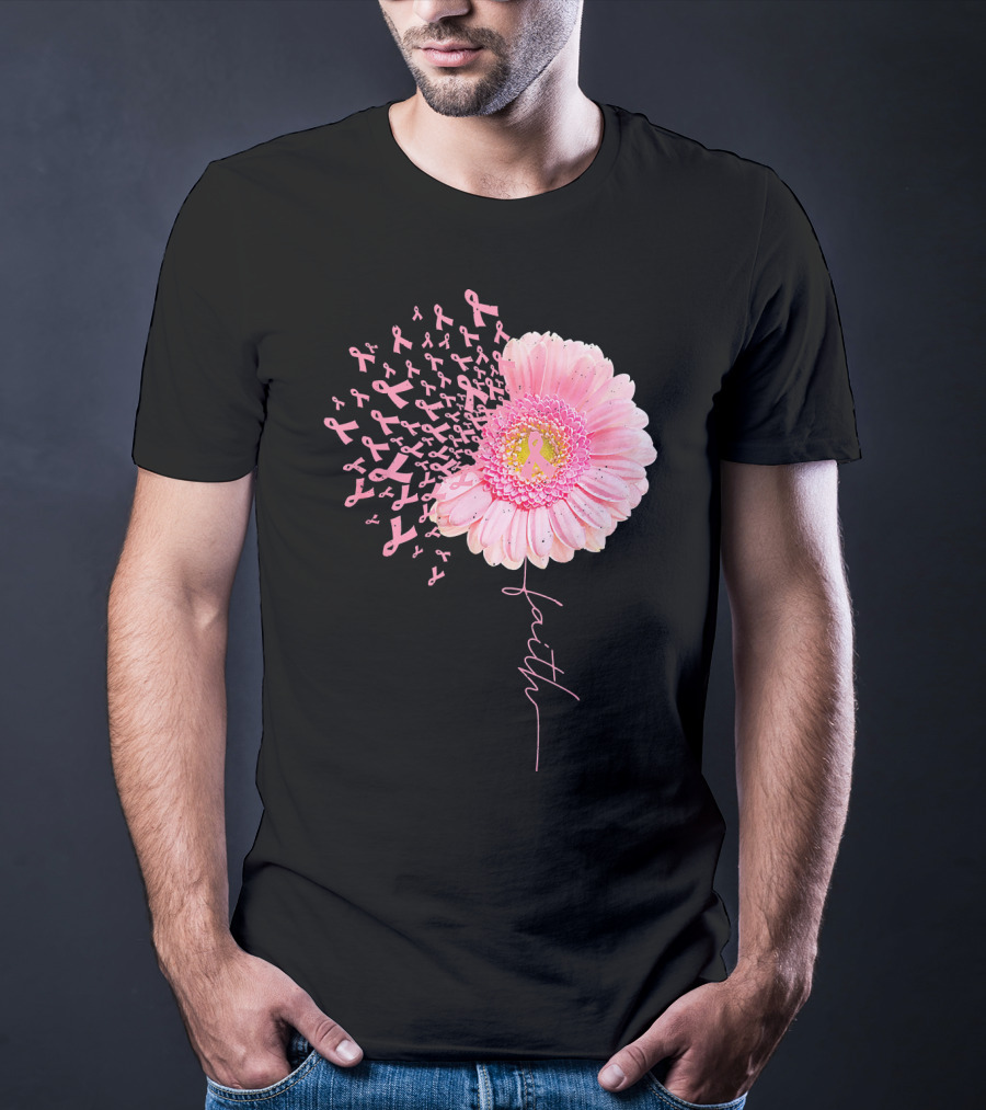 Faith Pink Ribbon Daisy Flower Breast Cancer Awareness T-Shirt
