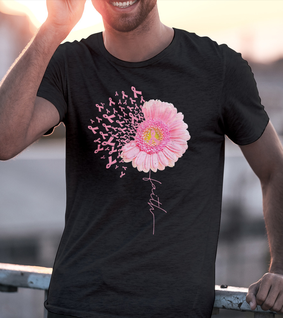 Faith Pink Ribbon Daisy Flower Breast Cancer Awareness T-Shirt