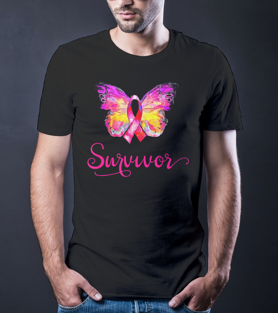 Survivor Butterfly Pink Ribbon Breast Cancer Awareness T-Shirt