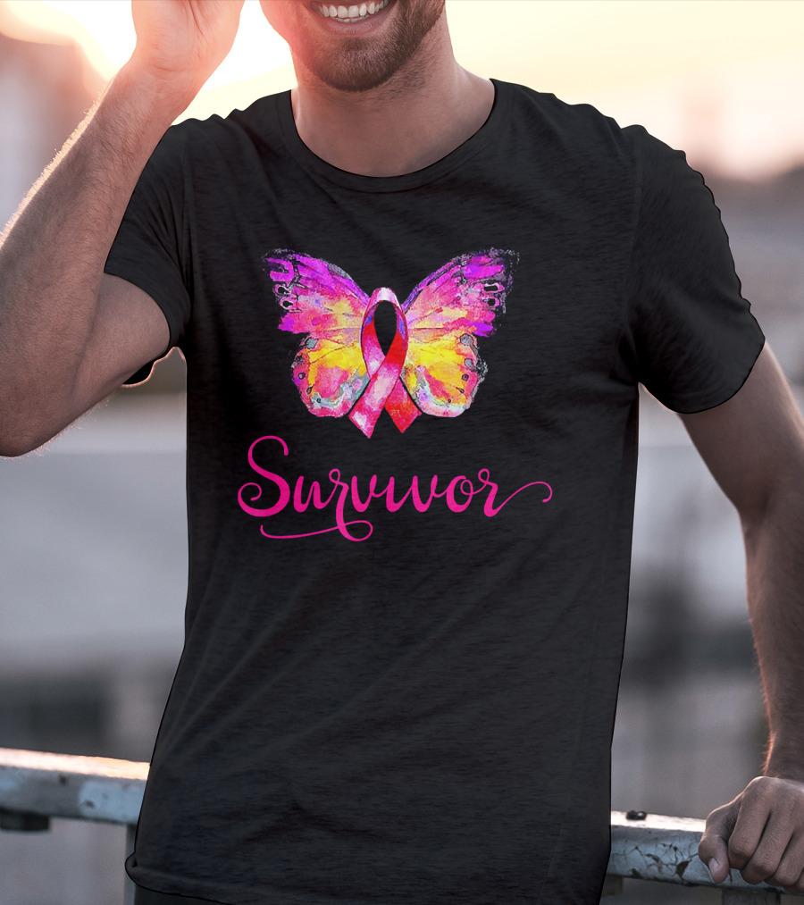 Survivor Butterfly Pink Ribbon Breast Cancer Awareness T-Shirt