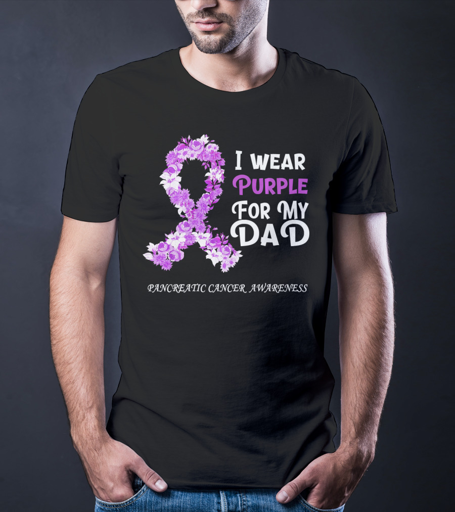 I Wear Purple For My Dad Pancreatic Cancer Awareness Flower T-Shirt