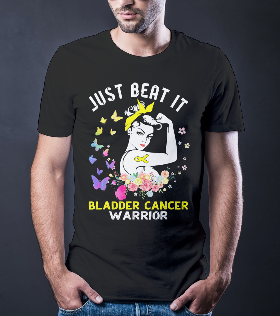 Just Beat It Bladder Cancer Warrior Butterfly Ribbon Floral Fighter T-Shirt