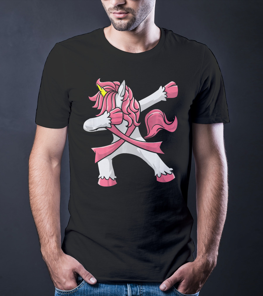 Pink Ribbon Dabbing Unicorn Breast Cancer Awareness T-Shirt