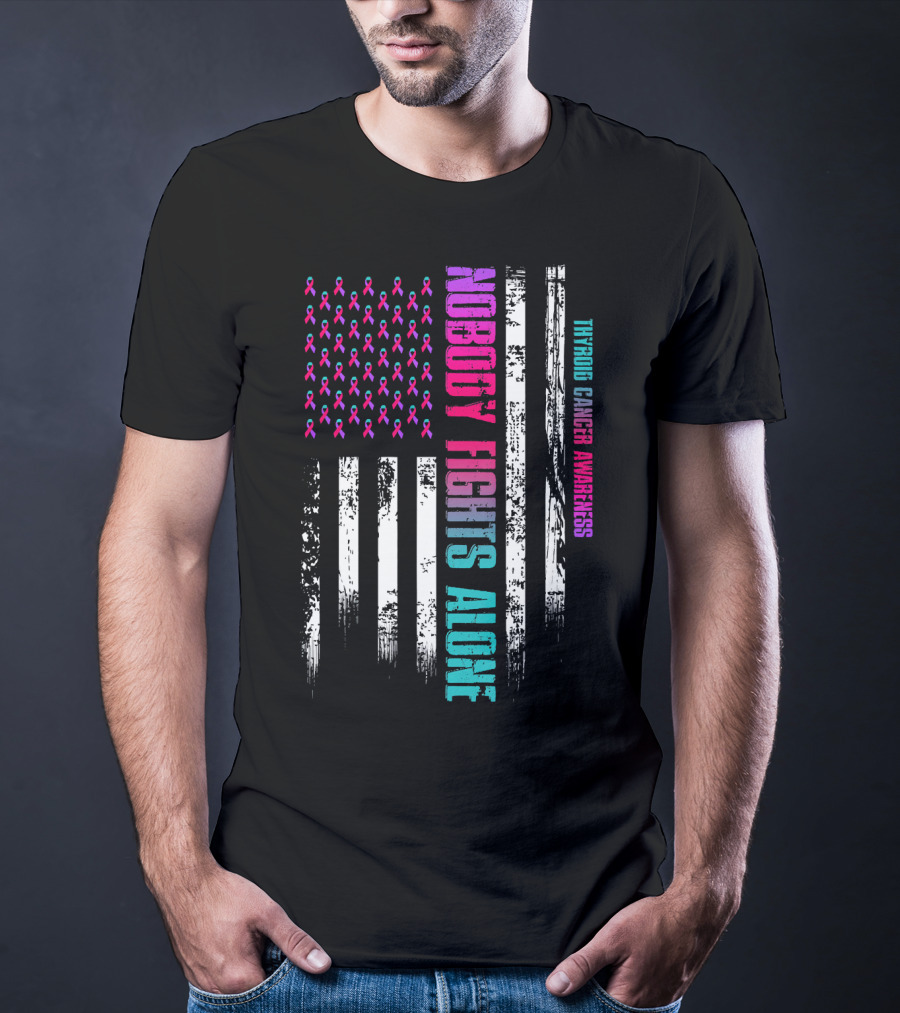 Nobody Fights Alone USA Flag Thyroid Cancer Awareness T-Shirt