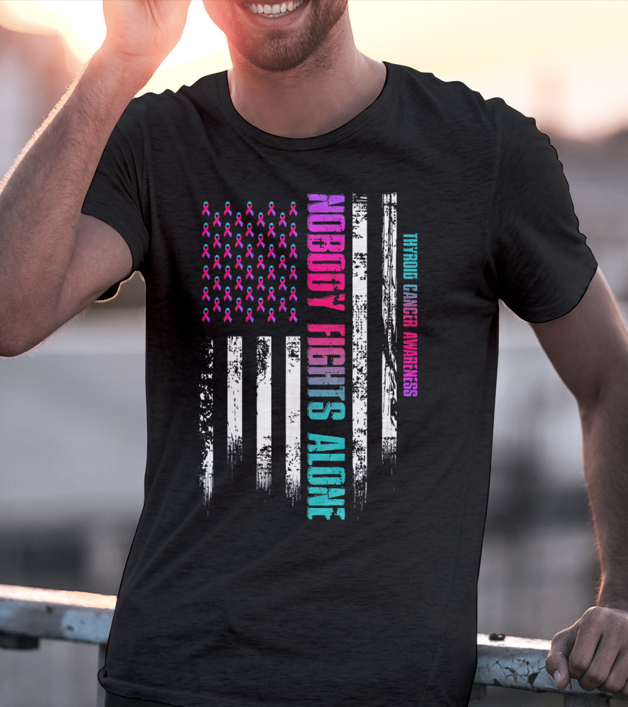 Nobody Fights Alone USA Flag Thyroid Cancer Awareness T-Shirt