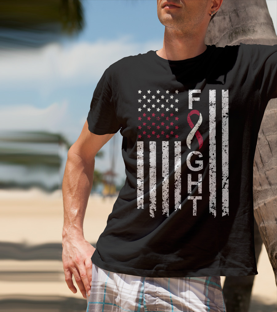 Head And Neck Cancer Awareness Fight Ribbon American Flag T-Shirt