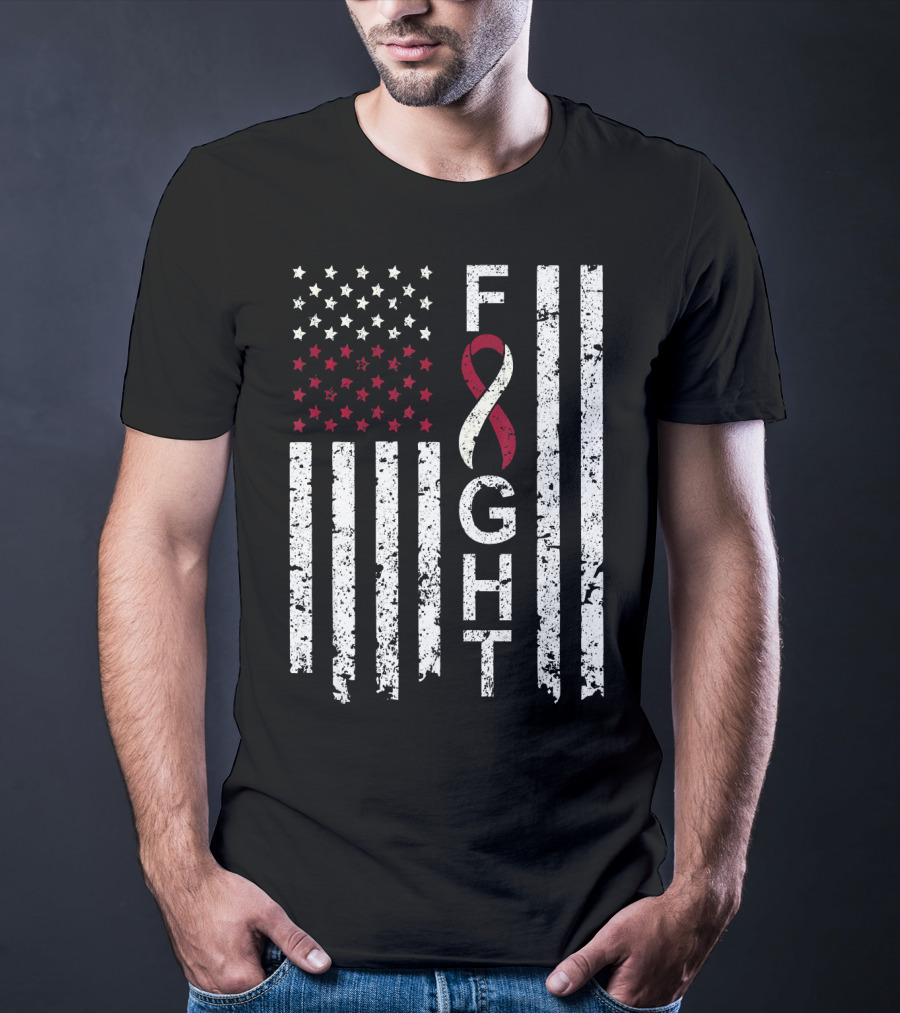 Head And Neck Cancer Awareness Fight Ribbon American Flag T-Shirt