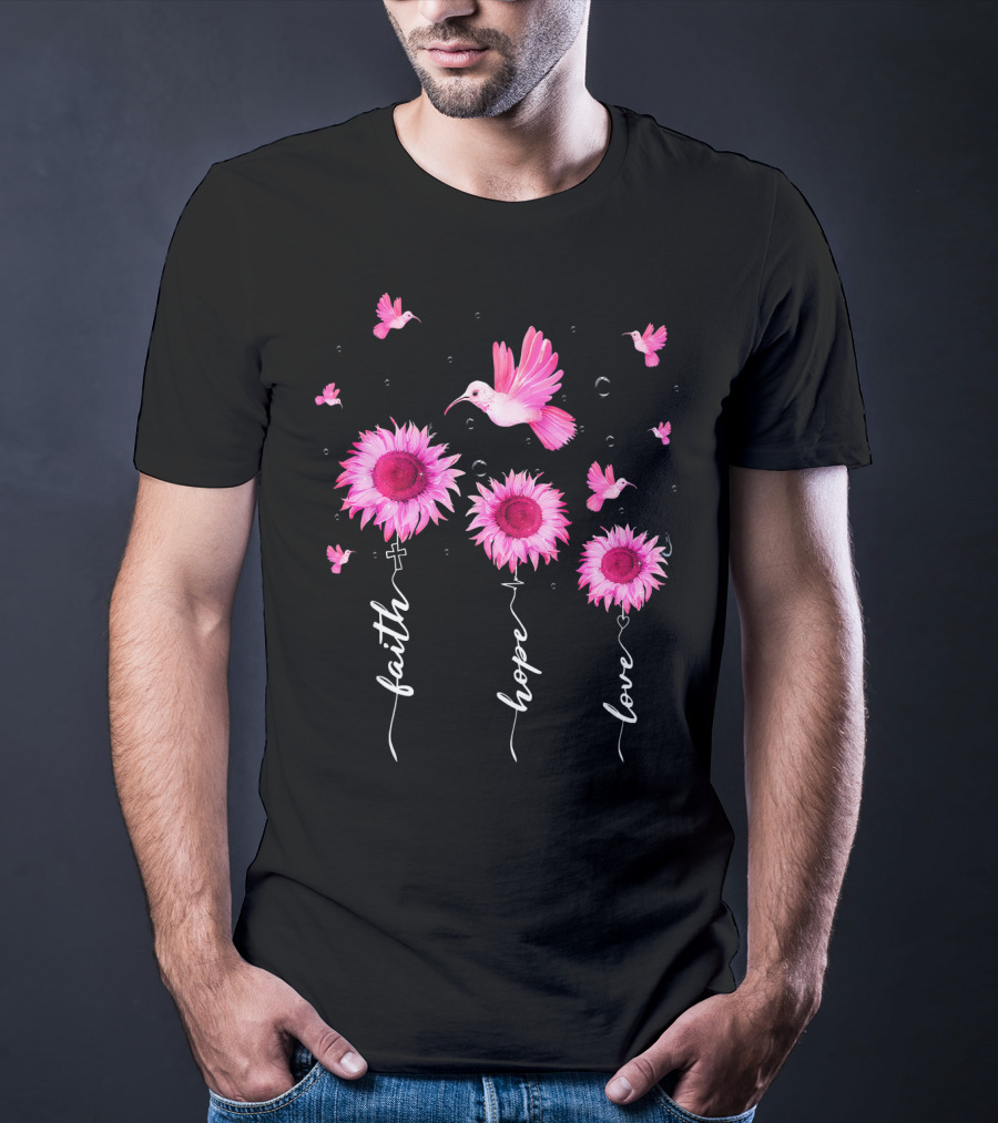 Hummingbird Daisy Faith Hope Love Pink Ribbon Breast Cancer Awareness T-Shirt