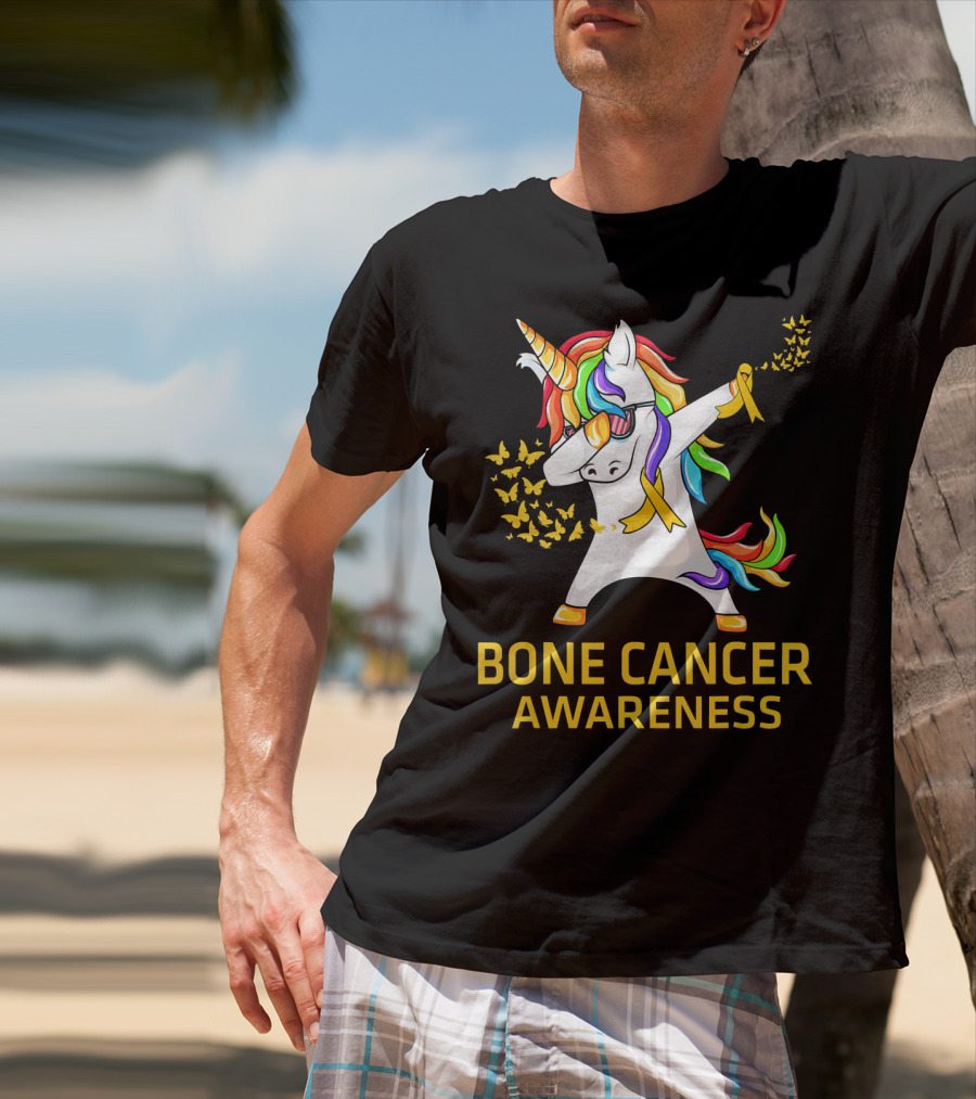 Bone Cancer Awareness Unicorn Dab With Yellow Ribbon Butterflies T-Shirt