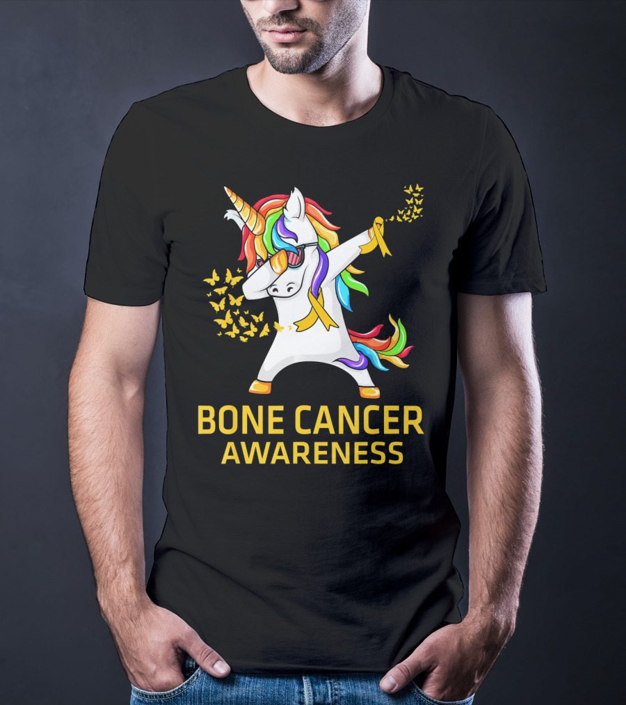 Bone Cancer Awareness Unicorn Dab With Yellow Ribbon Butterflies T-Shirt