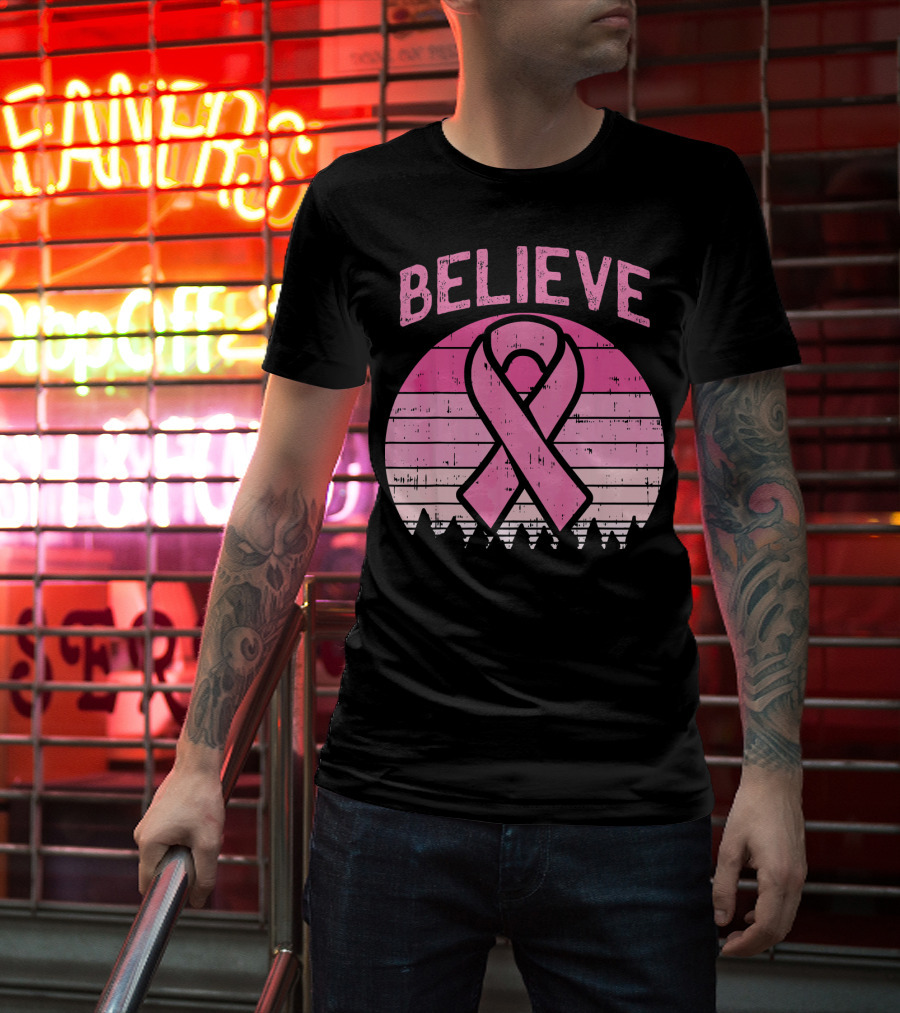 Believe Retro Sunset Pink Ribbon Breast Cancer Awareness T-Shirt