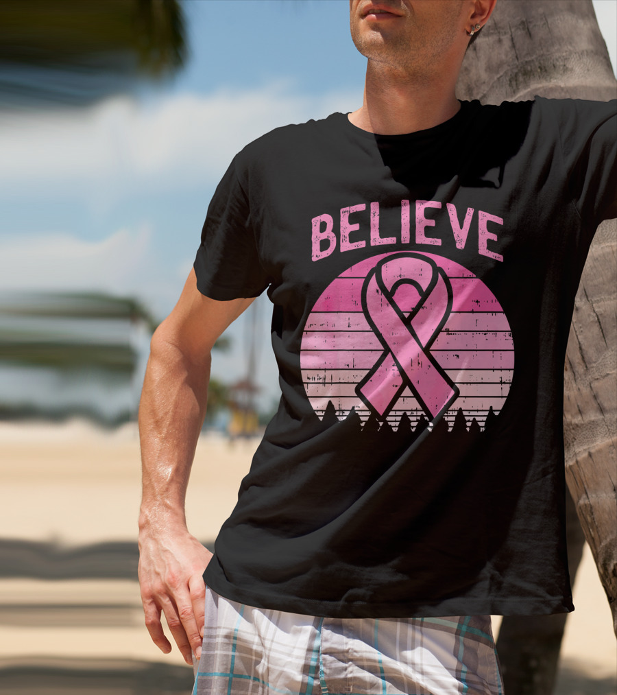 Believe Retro Sunset Pink Ribbon Breast Cancer Awareness T-Shirt