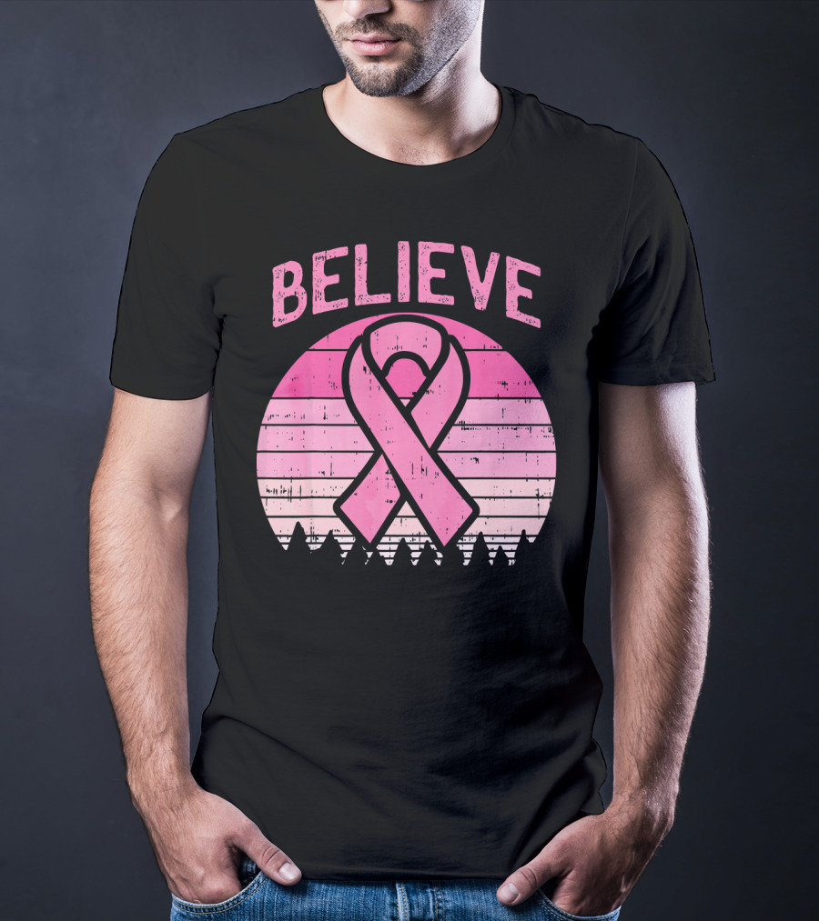 Believe Retro Sunset Pink Ribbon Breast Cancer Awareness T-Shirt
