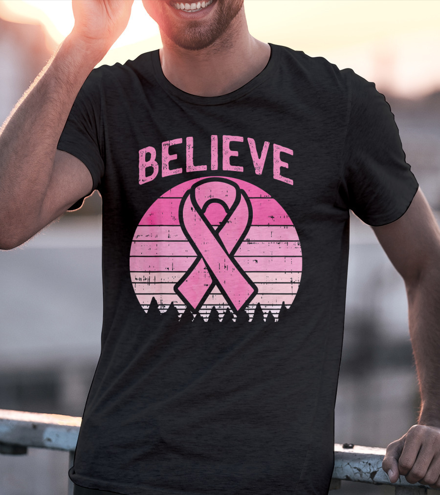 Believe Retro Sunset Pink Ribbon Breast Cancer Awareness T-Shirt