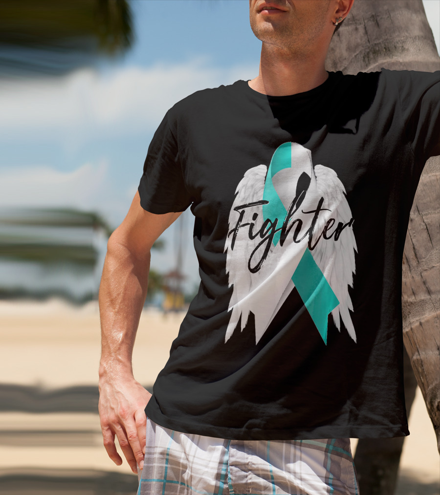 Cervical Cancer Fighter Teal Ribbon With Angel Wings T-Shirt