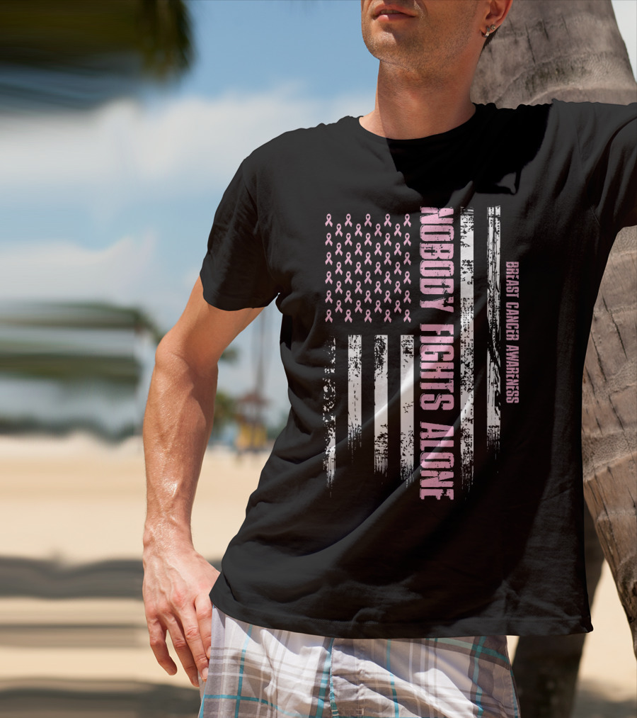Nobody Fights Alone Breast Cancer Awareness USA Flag T-Shirt
