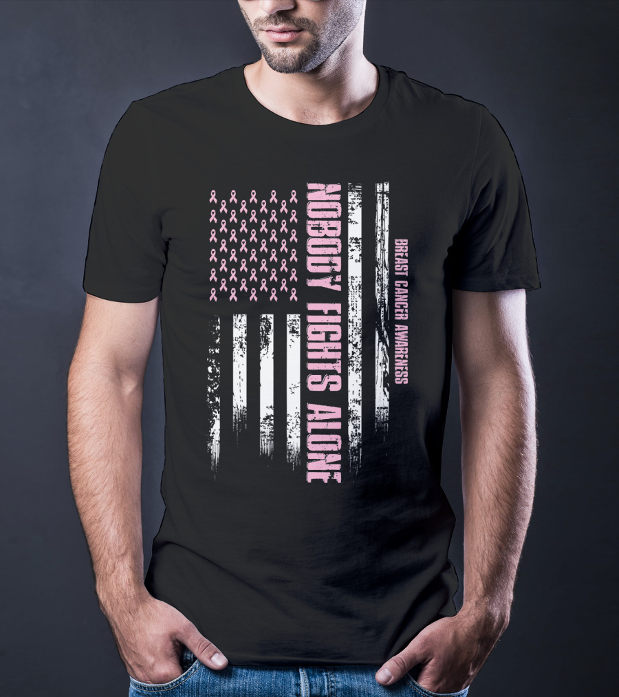 Nobody Fights Alone Breast Cancer Awareness USA Flag T-Shirt