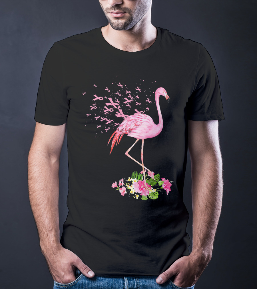 Flamingo With Pink Breast Cancer Ribbons And Floral Accents T-Shirt