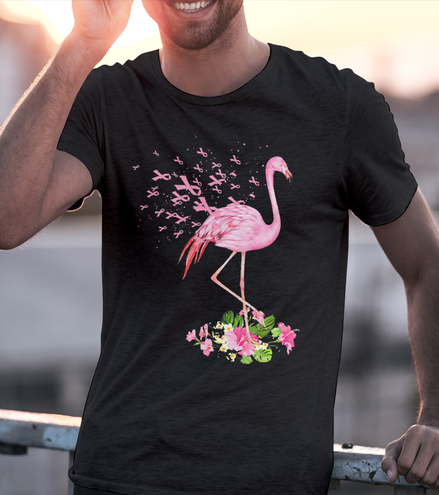 Flamingo With Pink Breast Cancer Ribbons And Floral Accents T-Shirt