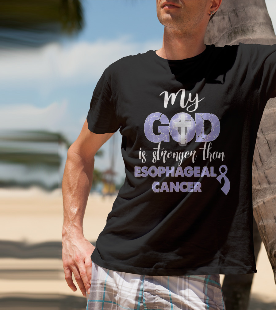 My God Is Stronger Than Esophageal Cancer Purple Ribbon Cross T-Shirt