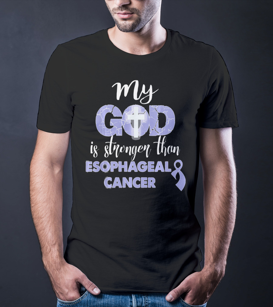 My God Is Stronger Than Esophageal Cancer Purple Ribbon Cross T-Shirt