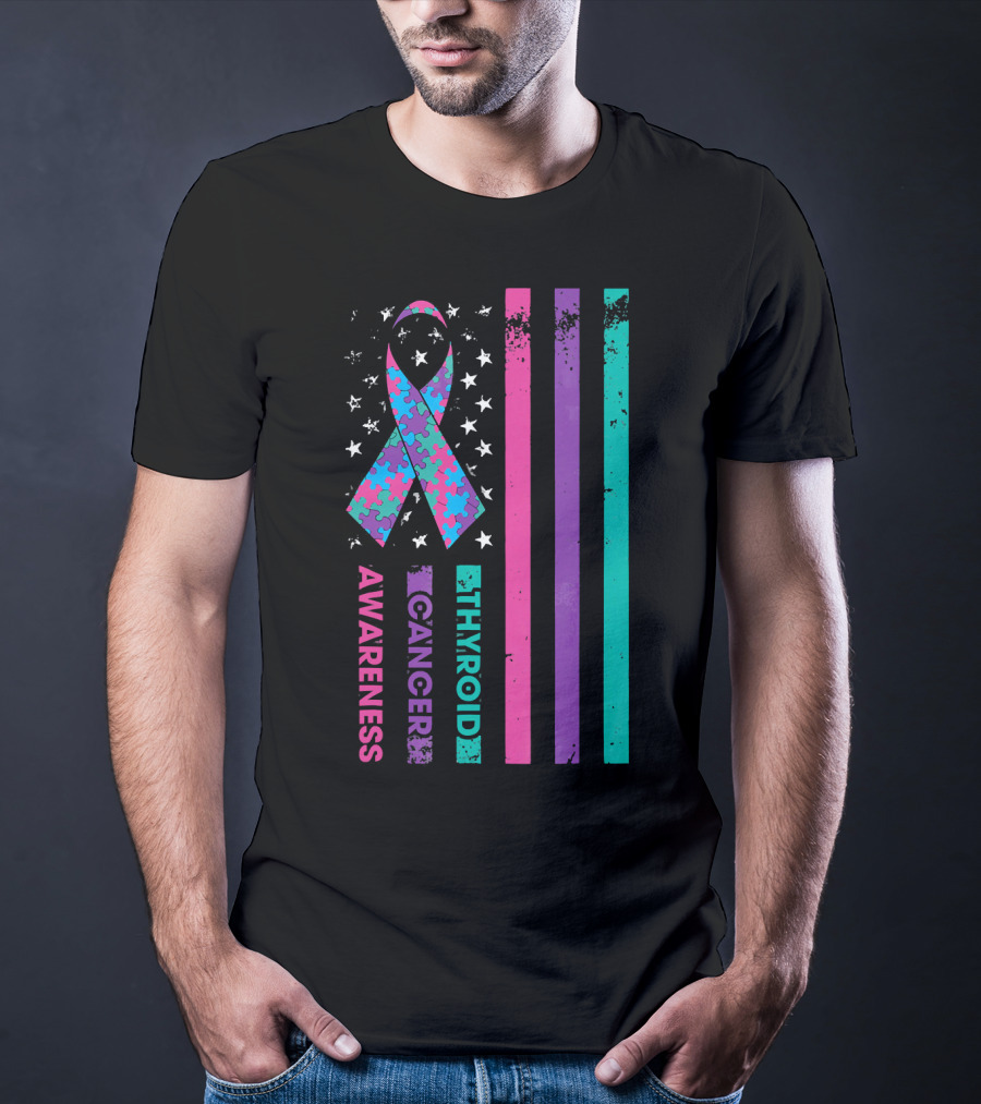 Thyroid Cancer Awareness Puzzle Ribbon Flag Stars Stripes T-Shirt