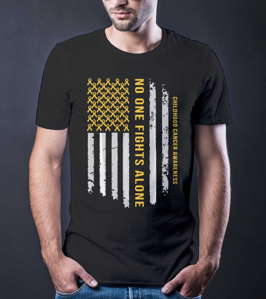 No One Fights Alone Childhood Cancer Awareness American Flag T-Shirt