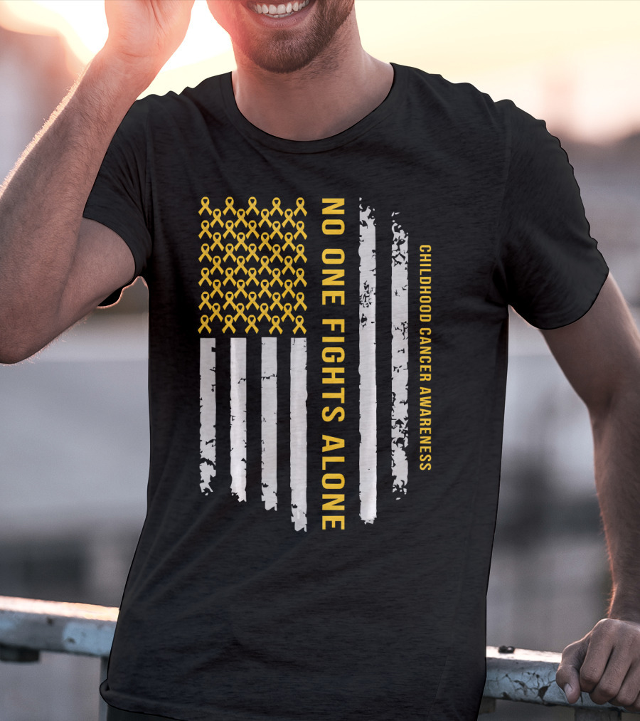 No One Fights Alone Childhood Cancer Awareness American Flag T-Shirt