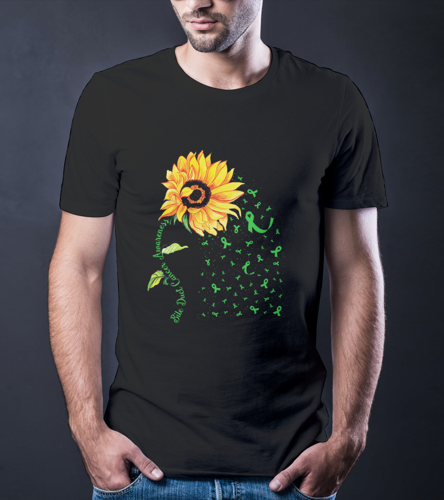 Sunflower Bile Duct Cancer Awareness Ribbon Green T-Shirt