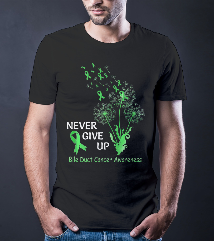 Never Give Up Bile Duct Cancer Awareness Dandelion Green Ribbons T-Shirt