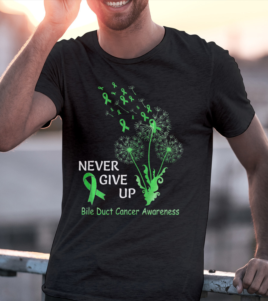 Never Give Up Bile Duct Cancer Awareness Dandelion Green Ribbons T-Shirt
